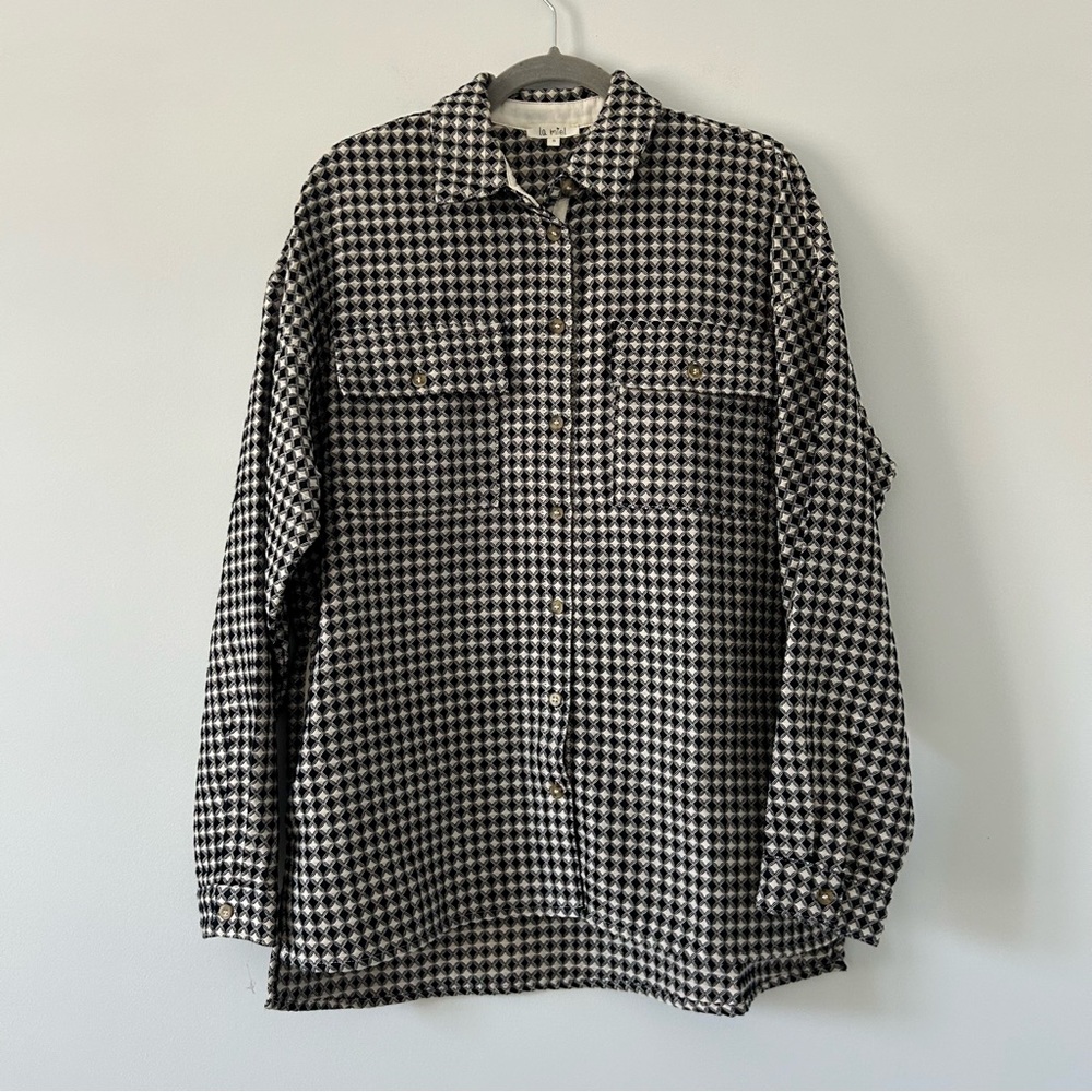 La Miel Tan Black Geometric Print Button Down Oversized Fall Shacket Jacket S